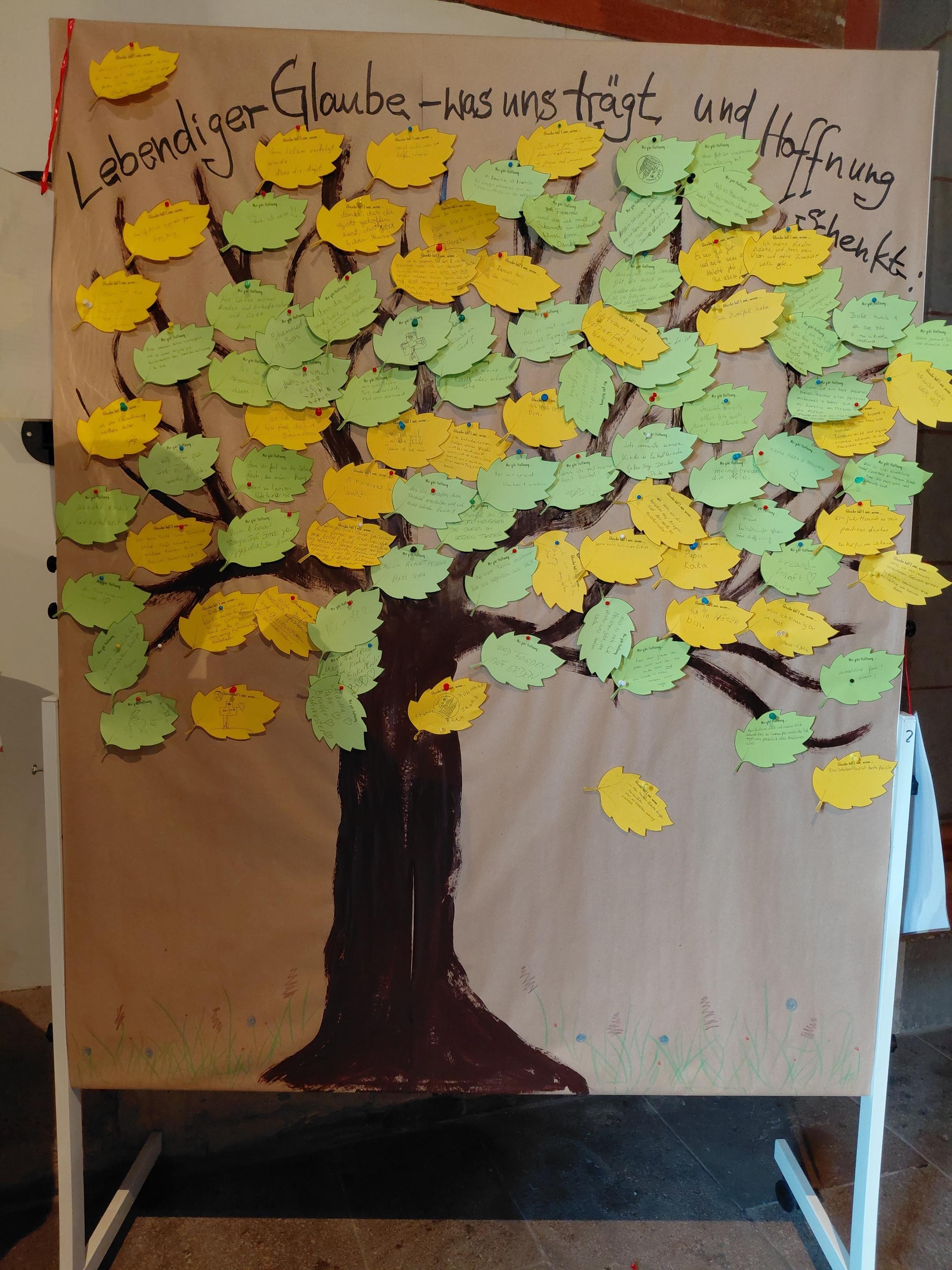 HoffnungsOrt Baum (c) Angela Hübner Ein gemalter Baum mit vielen beschrifteten Zettel von Besucher der Kirche