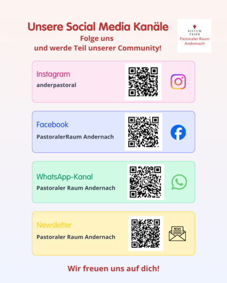 Übersicht über die social media Kanäle des PastR Andernach mit QR-Codes